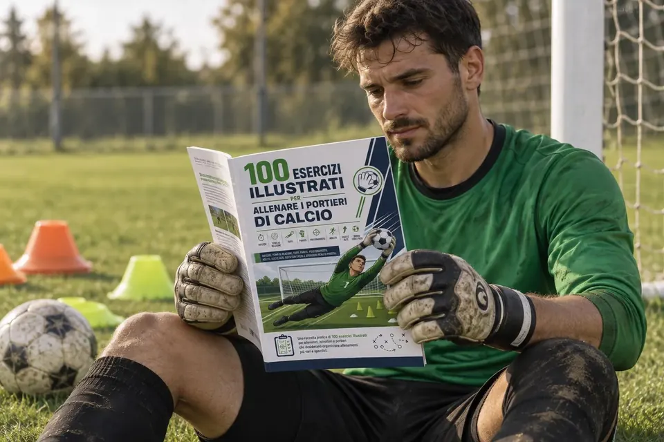 Portiere che consulta la guida dei 100 esercizi sul campo