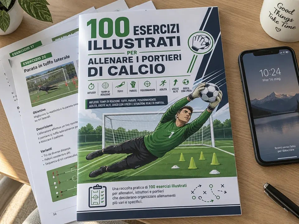 Esercizi per portieri stampati in formato A4 su un tavolo accanto a uno smartphone